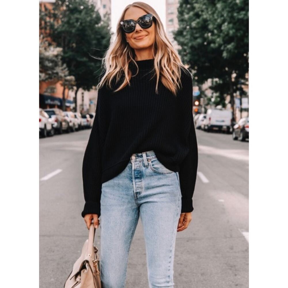 Free People Oversized Afterglow Mock Neck Black Sweater Small